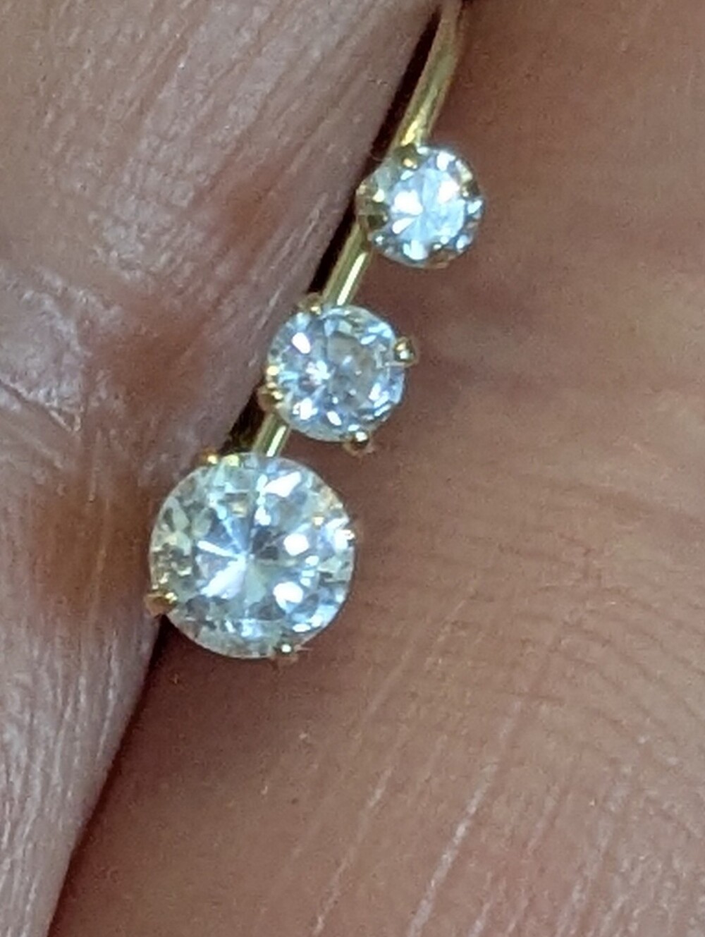 14k Yellow Gold 3 CZ Stone Diamond Simulant Drop Huggie Earrings - Picture 5 of 13